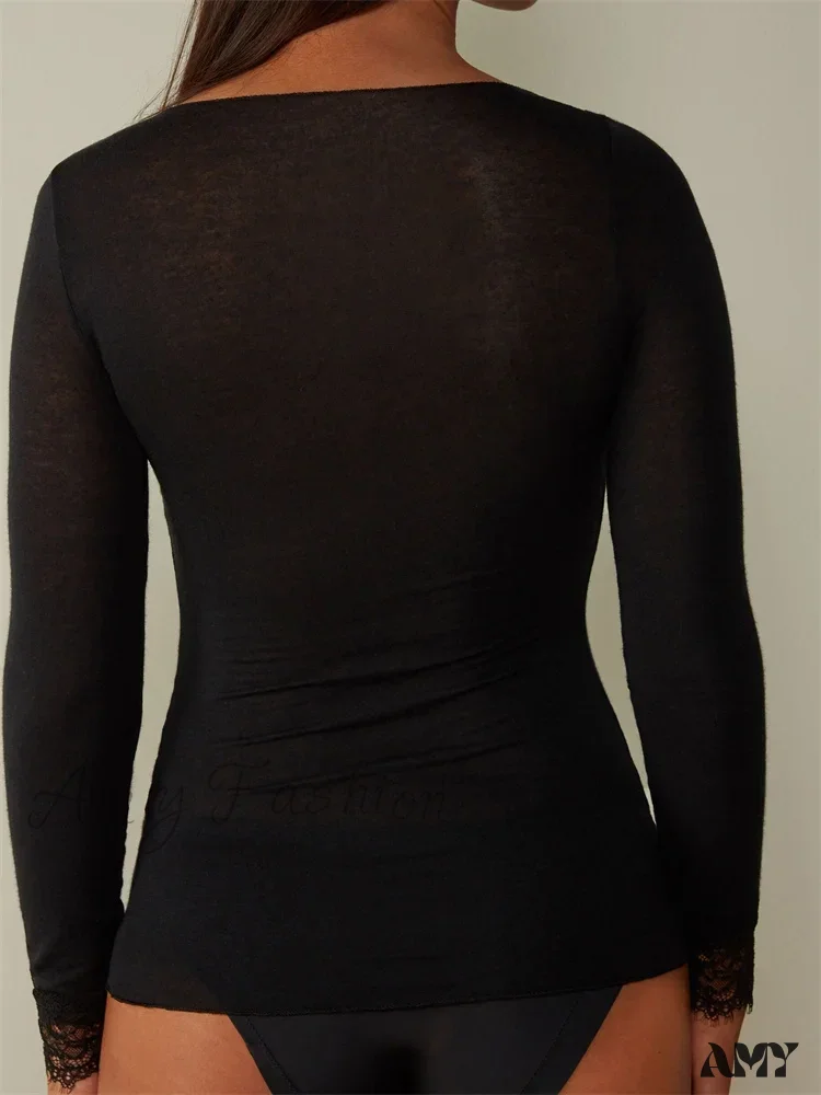 Amy Fashion - Lace Patchwork Long Sleeve V-neck Casual T-shirts - Image 5