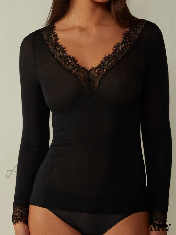 Amy Fashion - Lace Patchwork Long Sleeve V-neck Casual T-shirts - Image 6