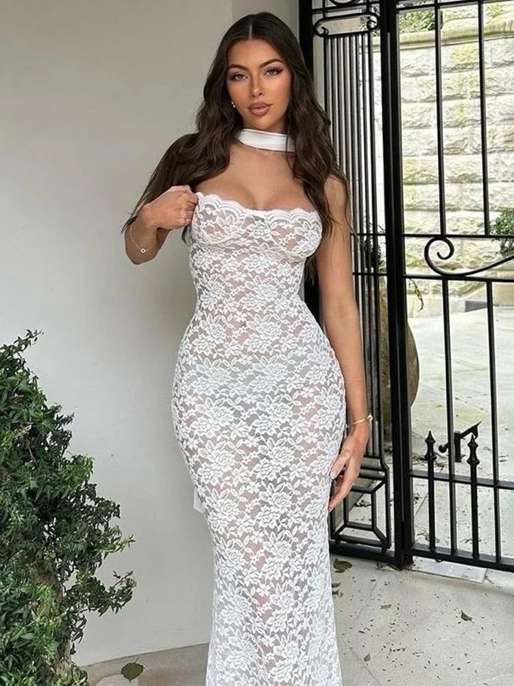 Lace Ribbon Strapless Sheer Maxi Dress