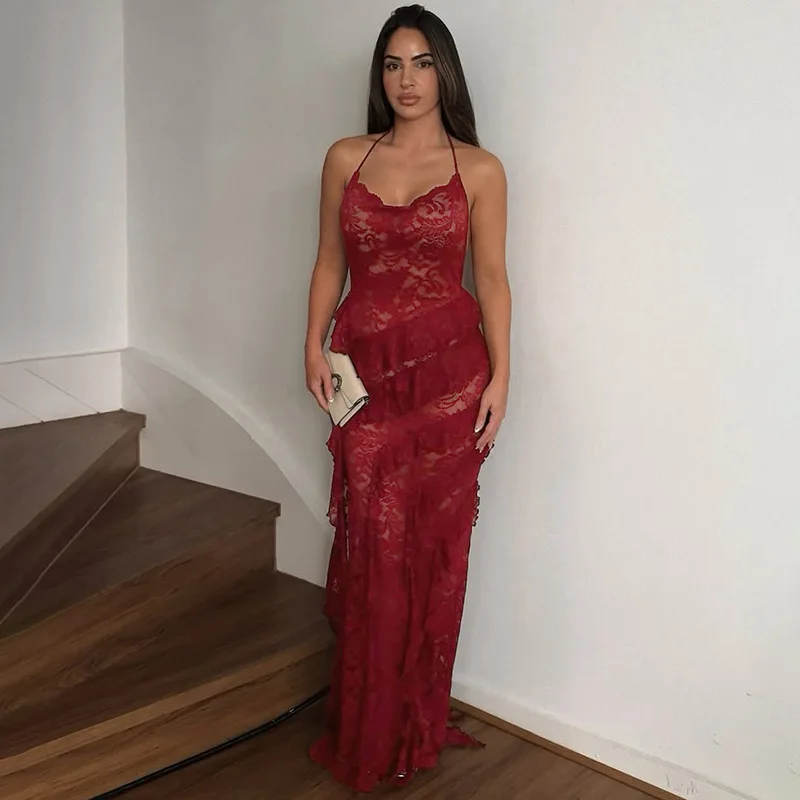 Lace Ruffled Spaghetti Strap Irregular Prom Dress - Image 5
