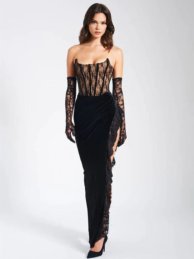 Lace Strapless Black Club Bodycon Dress - Image 2