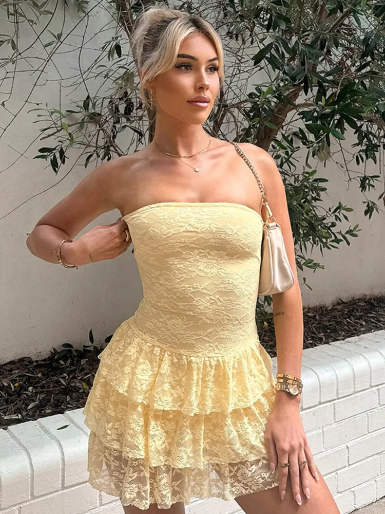 Lace Strapless Pleated Cake Bodycon Dress - Image 2