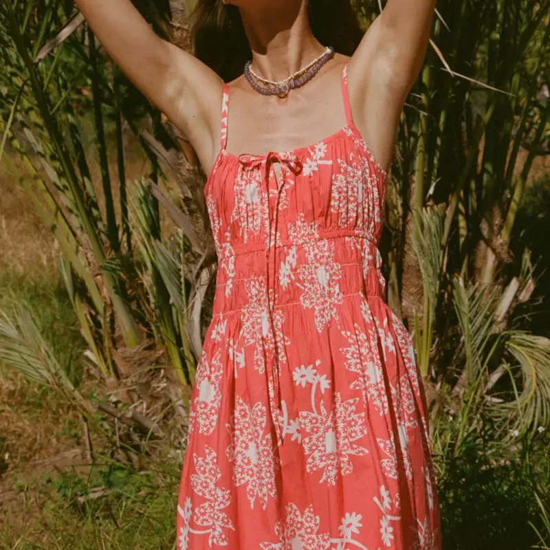Lace-up Floral Midi Cami Vacation Dress - Image 3