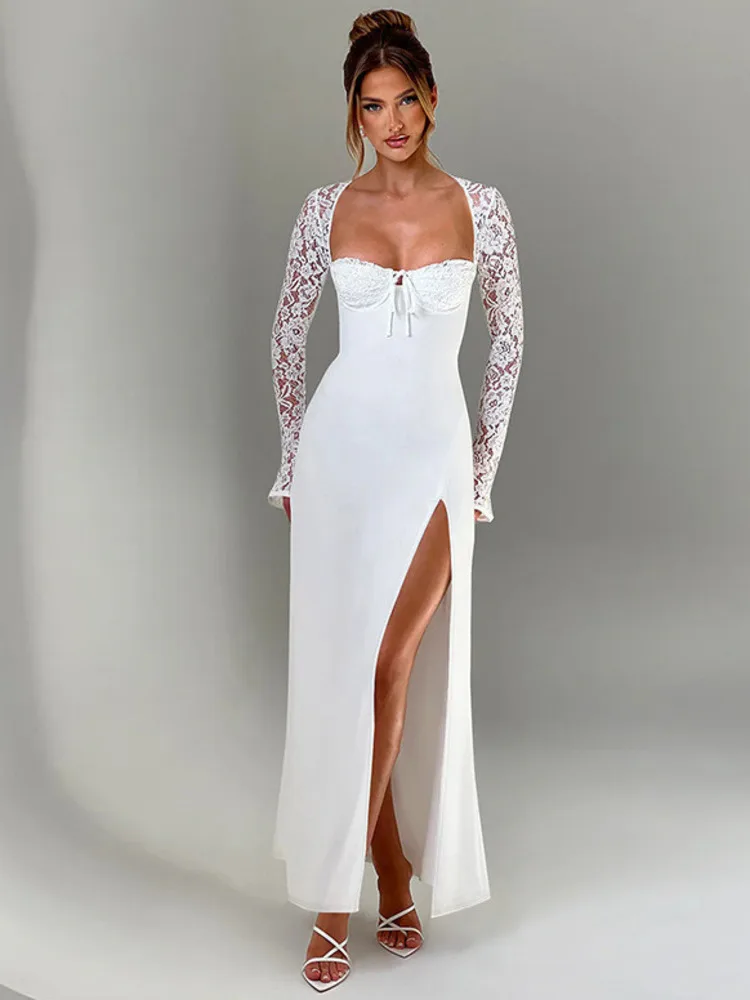 Lace Up High Split Autumn Bodycon Dress - Image 2