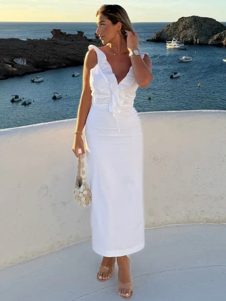 Lace-up Ruffle A-Line Midi Dress