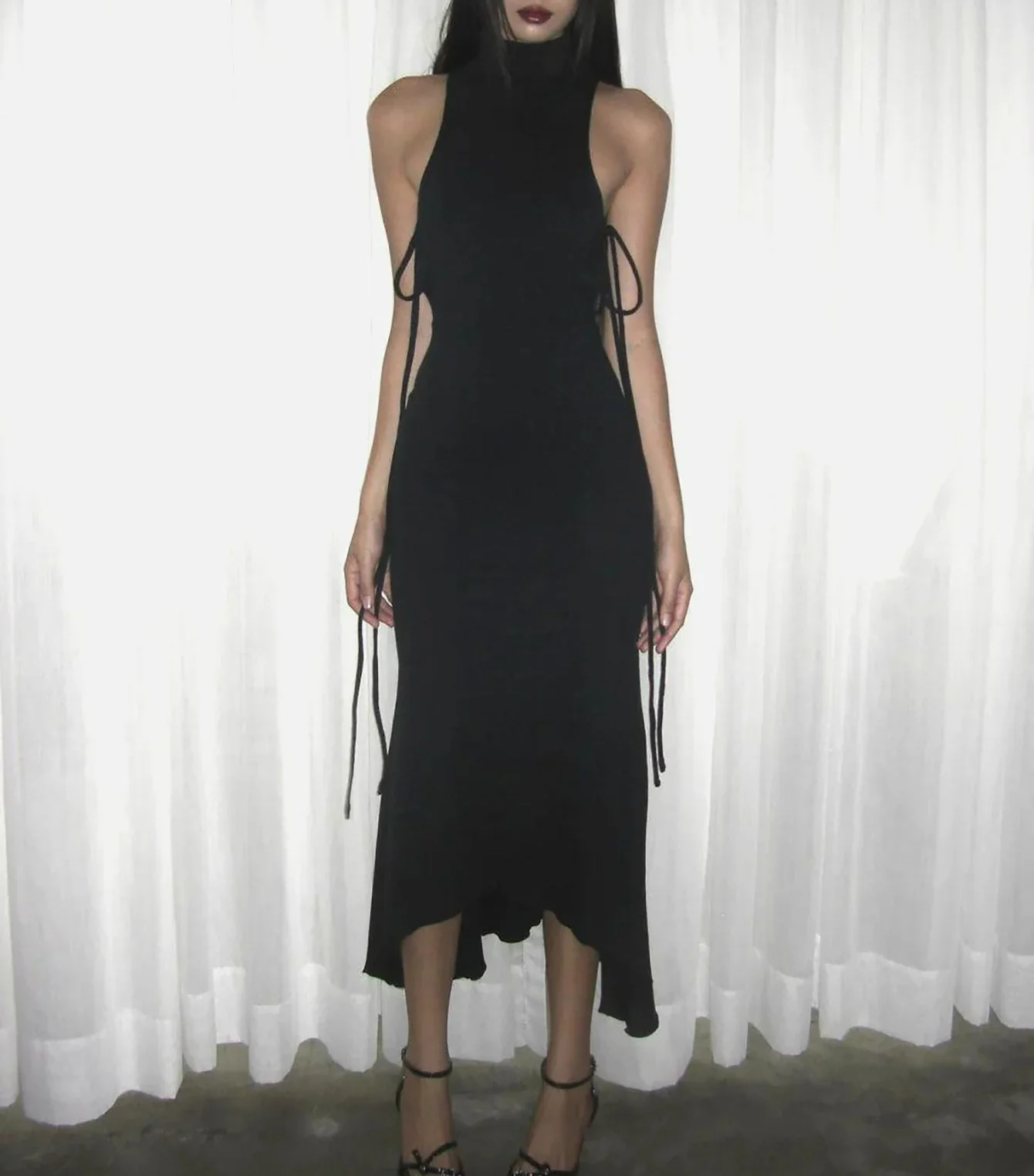 Lace Up Solid Sleeveless Midi Dress - Image 2