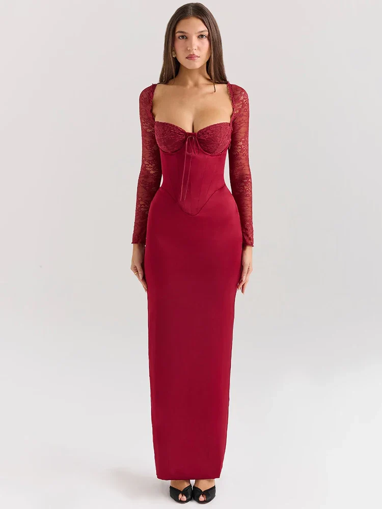 Lace-up Split Square Long Bodycon Dress - Image 2