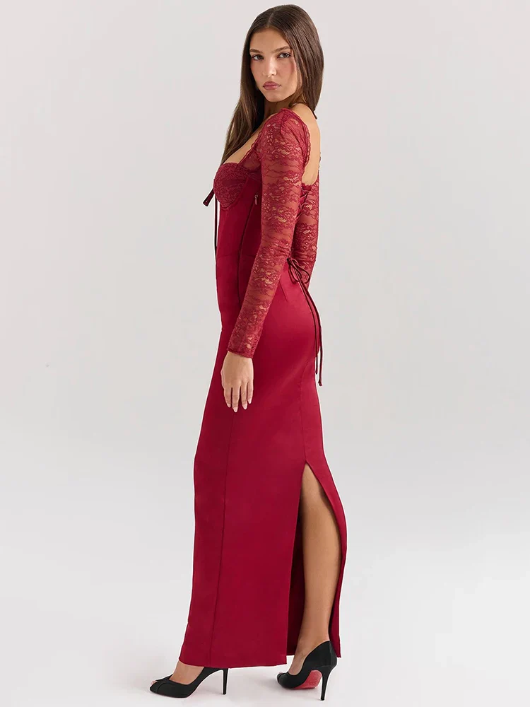 Lace-up Split Square Long Bodycon Dress - Image 3