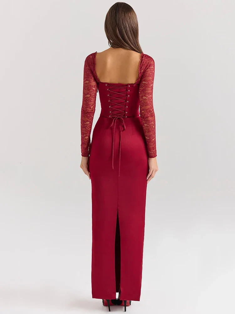 Lace-up Split Square Long Bodycon Dress - Image 4