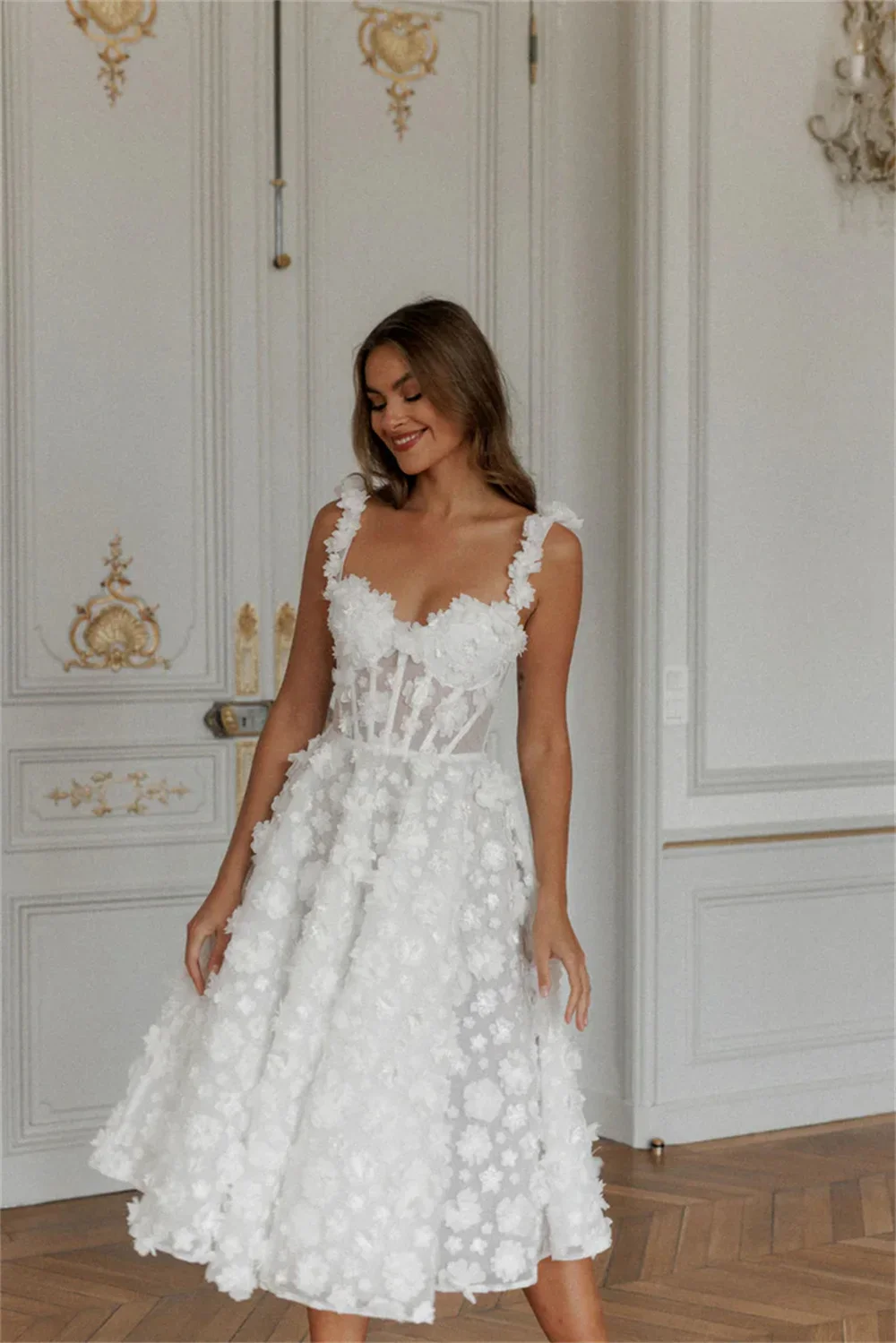 Lace V Neck Knee A-Line Vacation Dress - Image 3