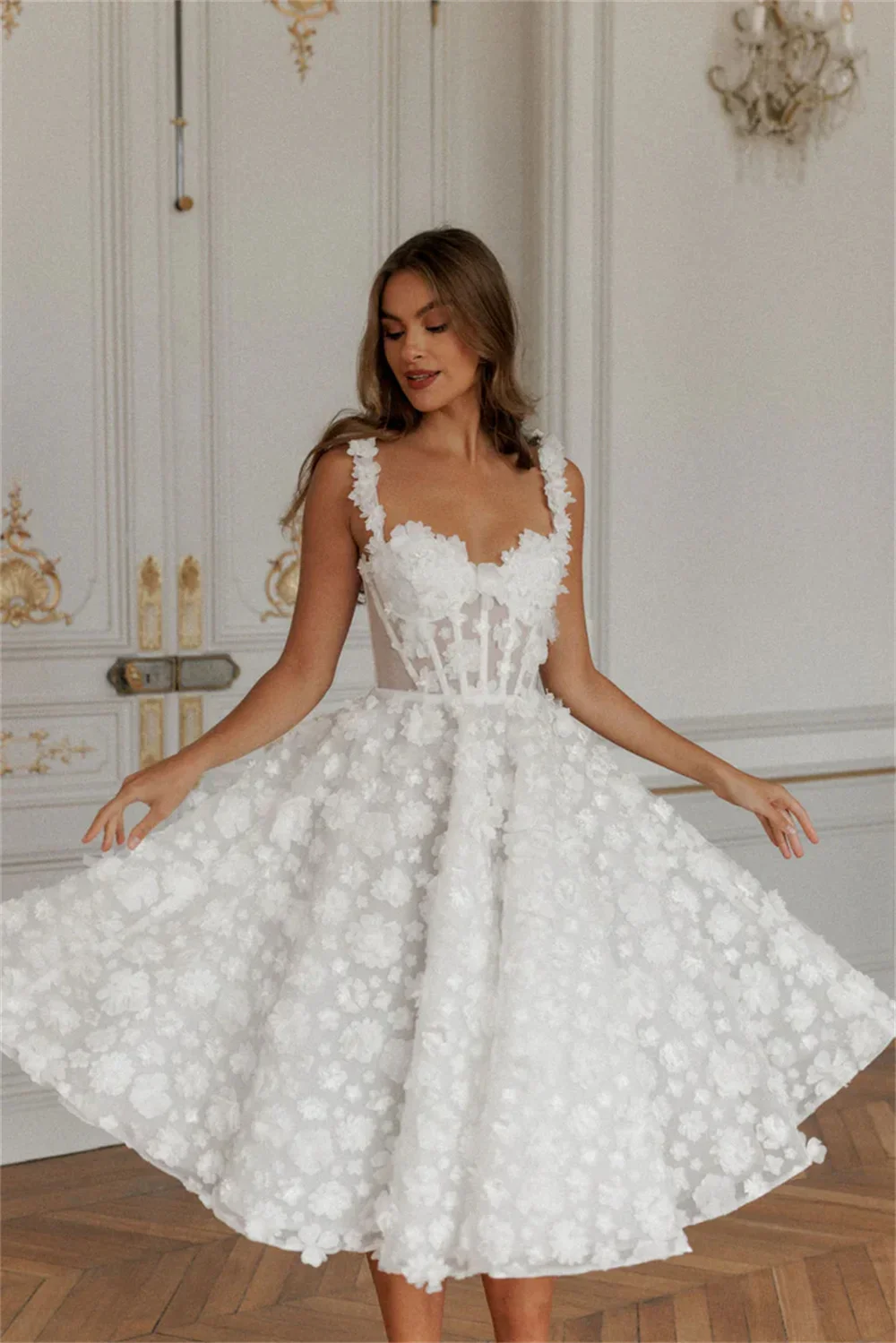 Lace V Neck Knee A-Line Vacation Dress - Image 4