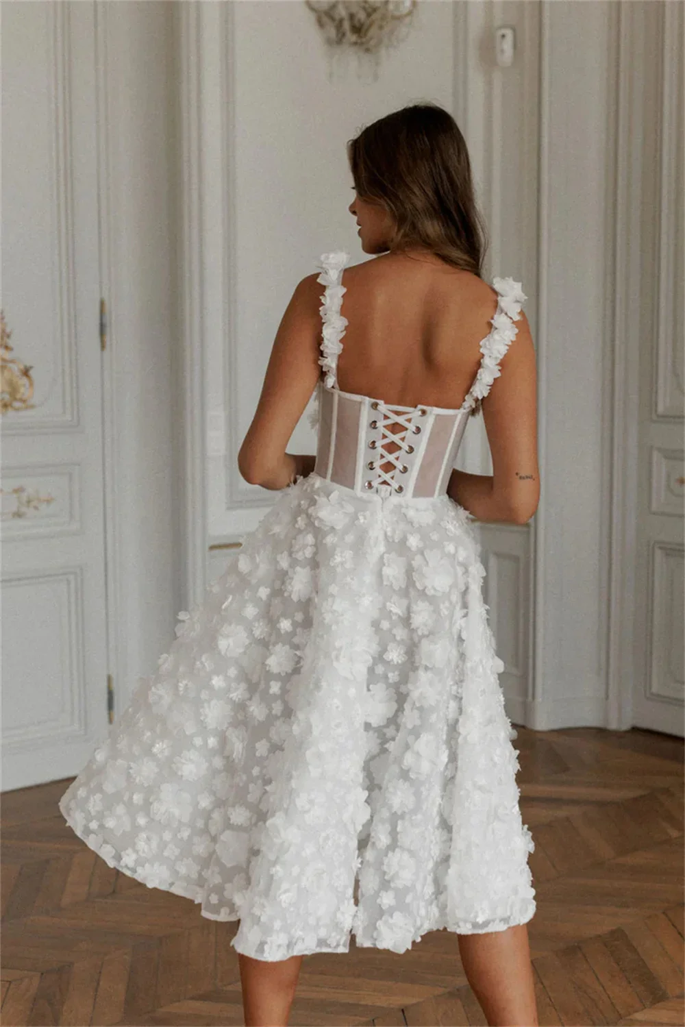 Lace V Neck Knee A-Line Vacation Dress - Image 5