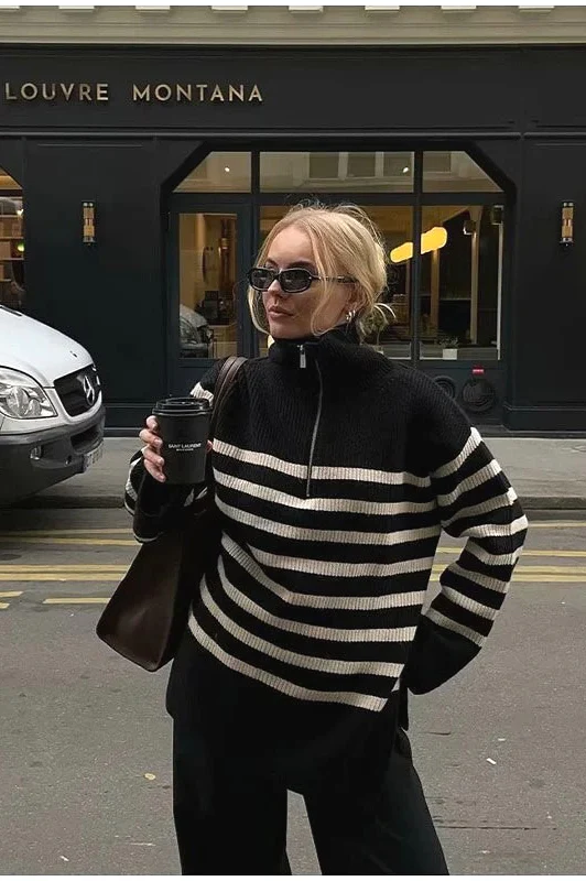 Laid-back Retro Lapel Half-zip Striped Sweater - Image 3