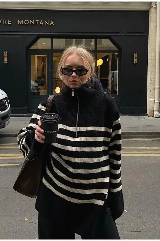 Laid-back Retro Lapel Half-zip Striped Sweater - Image 4