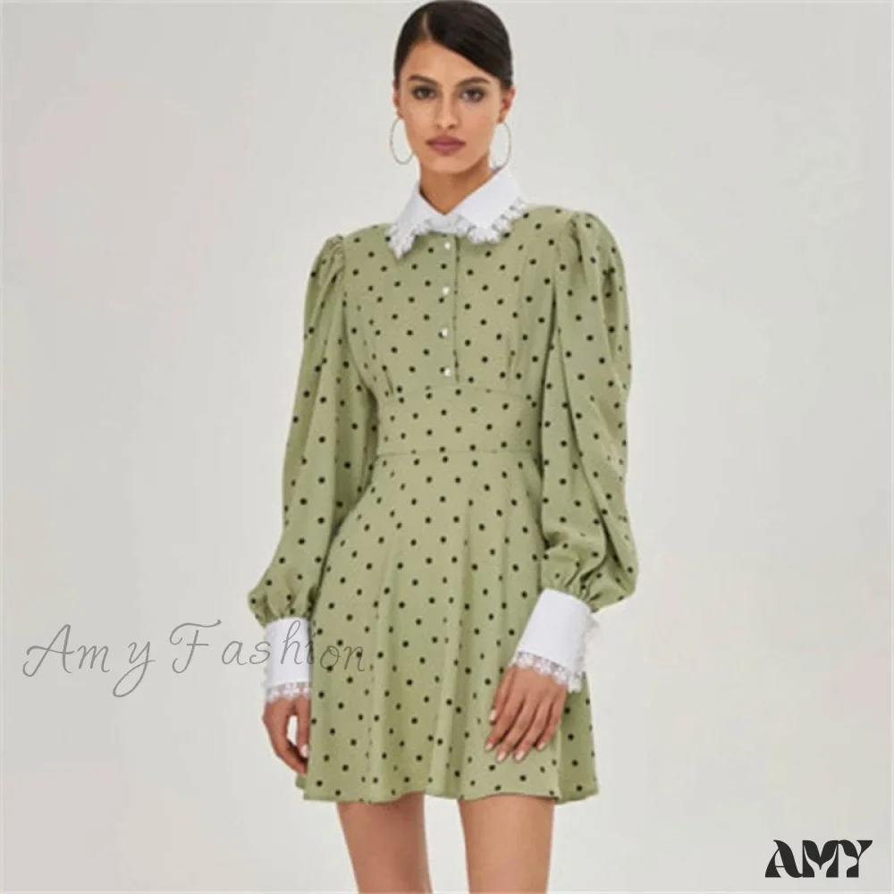 Amy Fashion - Lantern Sleeve Polka Dot A-Line Dress