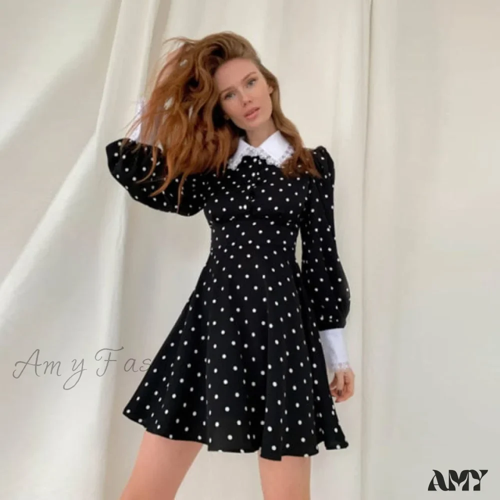 Amy Fashion - Lantern Sleeve Polka Dot A-Line Dress - Image 2