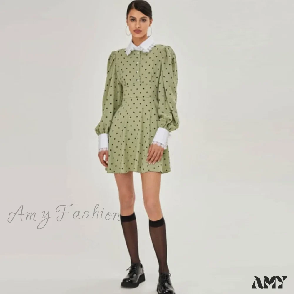 Amy Fashion - Lantern Sleeve Polka Dot A-Line Dress - Image 3