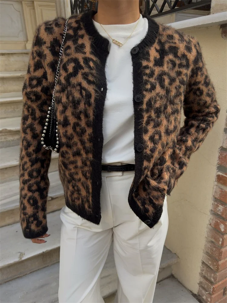Leopard Contrast Knit Cardigan Coat - Image 6