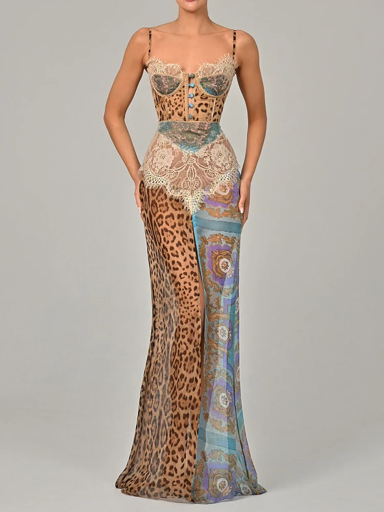 Leopard Lace Chiffon Split Vacation Dress
