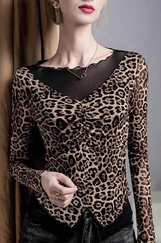 Leopard Print Fake Two-Piece Mesh-Paneled Blouse - Image 2