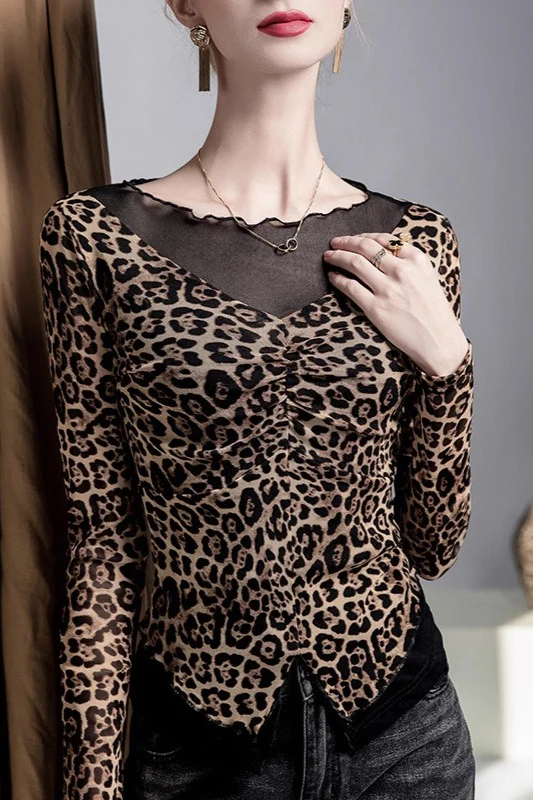 Leopard Print Fake Two-Piece Mesh-Paneled Blouse - Image 3