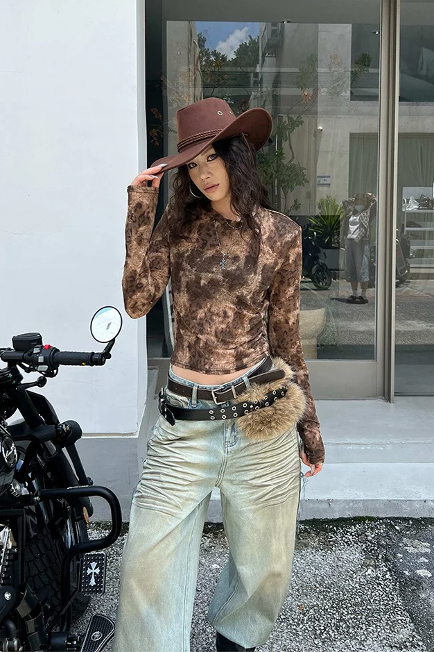 Leopard Print Flocked Slim Long-Sleeve Blouse