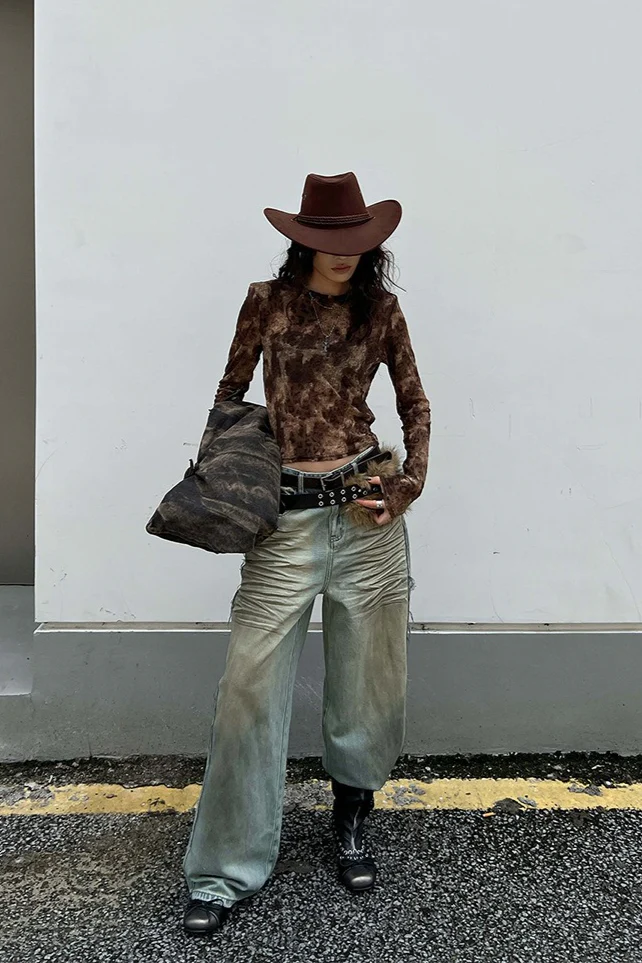 Leopard Print Flocked Slim Long-Sleeve Blouse - Image 5