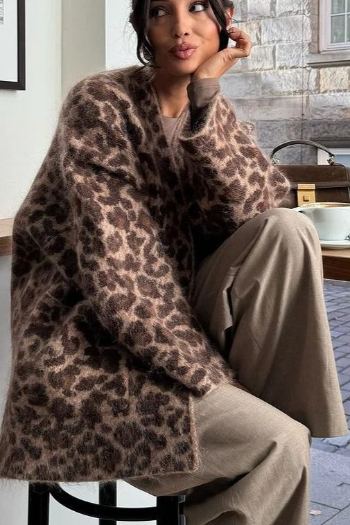 Leopard Print Loose Casual Knit Cardigan - Image 3