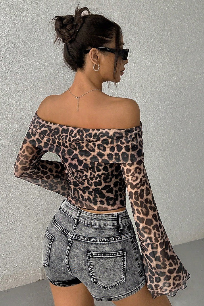 Leopard Print Semi-Sheer Off-Shoulder Long-Sleeve Blouse - Image 3