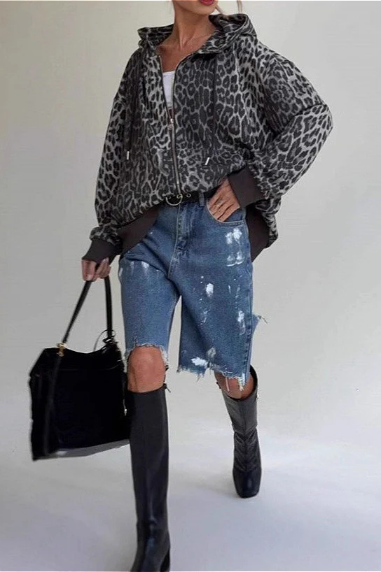 Leopard Zip-Up Loose Hoodie - Image 2