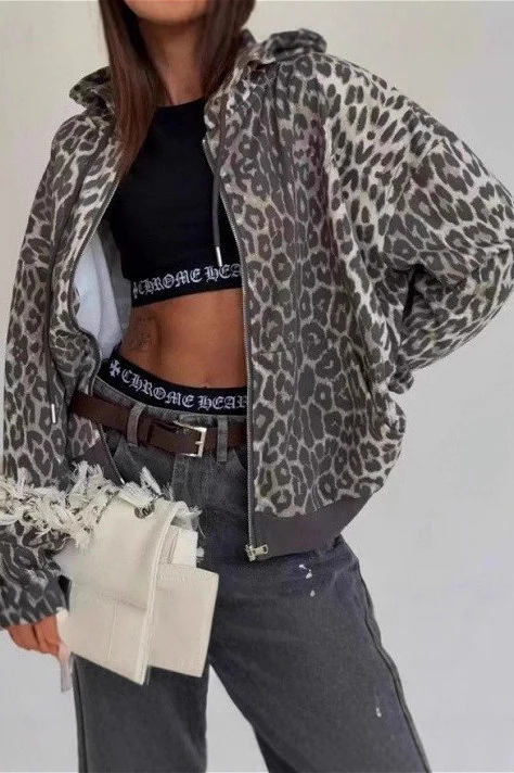 Leopard Zip-Up Loose Hoodie - Image 5