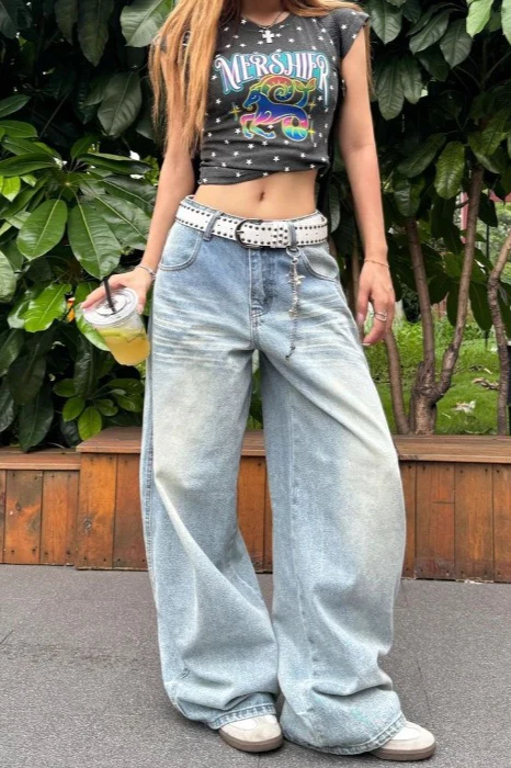Light Blue High-Waisted Washed Wide-Leg Jeans - Image 4