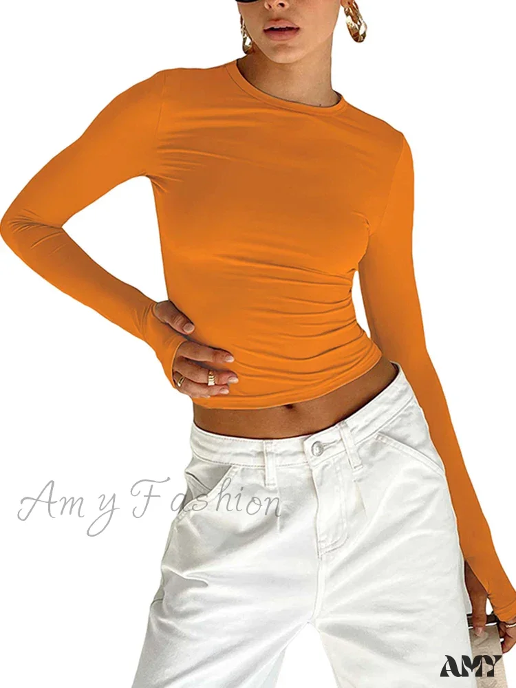 Long Sleeve Crew Neck Solid Slim Fit Thumb Holes Crop Top - Image 10