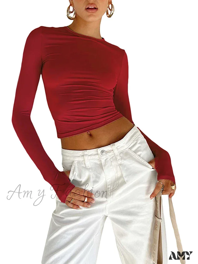 Long Sleeve Crew Neck Solid Slim Fit Thumb Holes Crop Top - Image 11