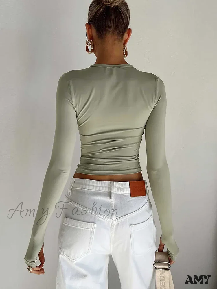 Long Sleeve Crew Neck Solid Slim Fit Thumb Holes Crop Top - Image 3