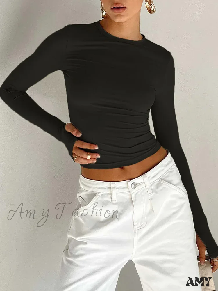 Long Sleeve Crew Neck Solid Slim Fit Thumb Holes Crop Top - Image 4
