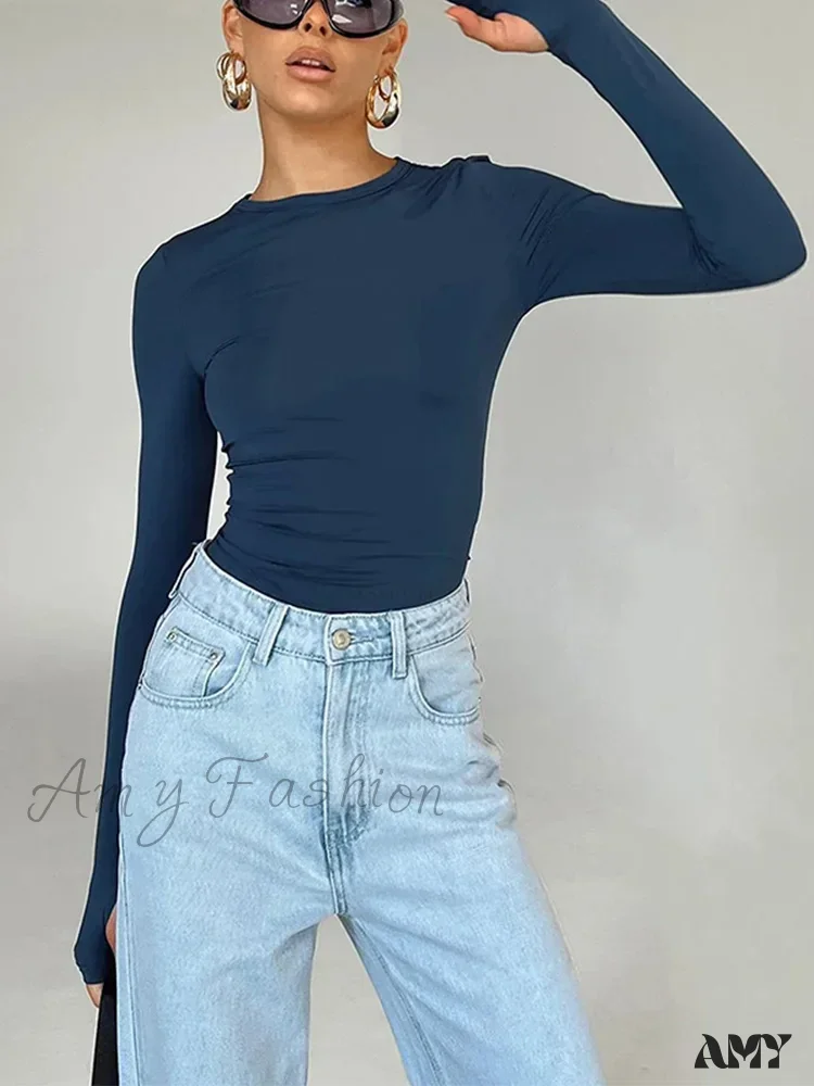 Long Sleeve Crew Neck Solid Slim Fit Thumb Holes Crop Top - Image 5