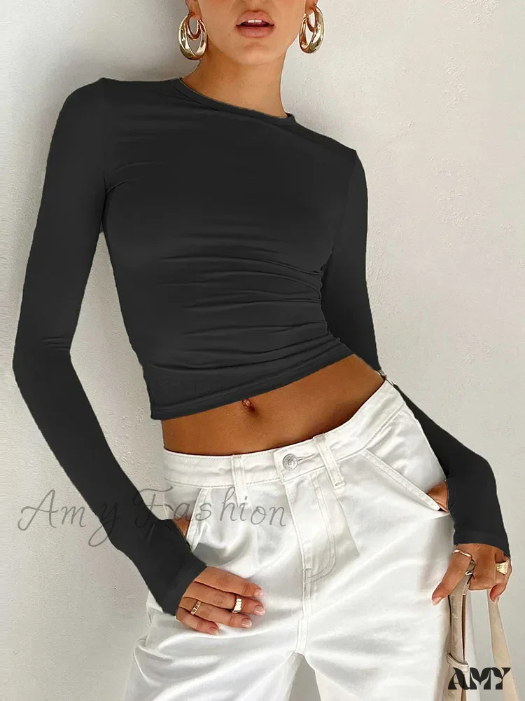 Long Sleeve Crew Neck Solid Slim Fit Thumb Holes Crop Top - Image 6