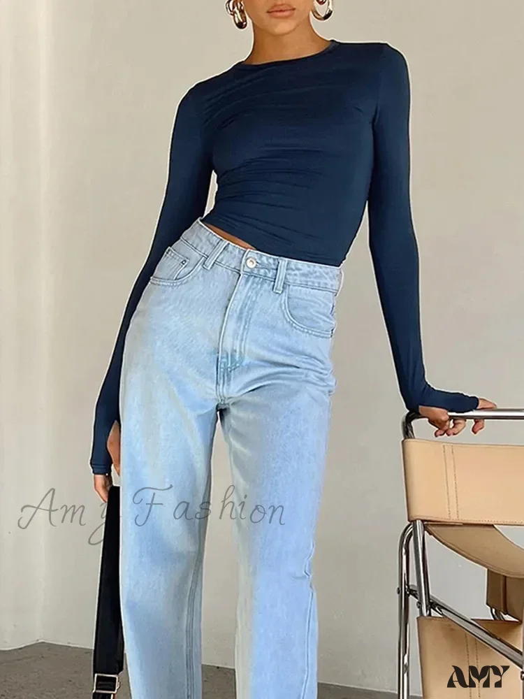 Long Sleeve Crew Neck Solid Slim Fit Thumb Holes Crop Top - Image 7