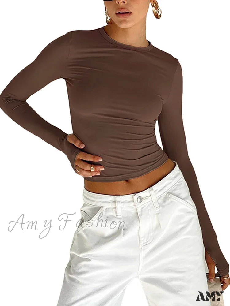 Long Sleeve Crew Neck Solid Slim Fit Thumb Holes Crop Top - Image 8