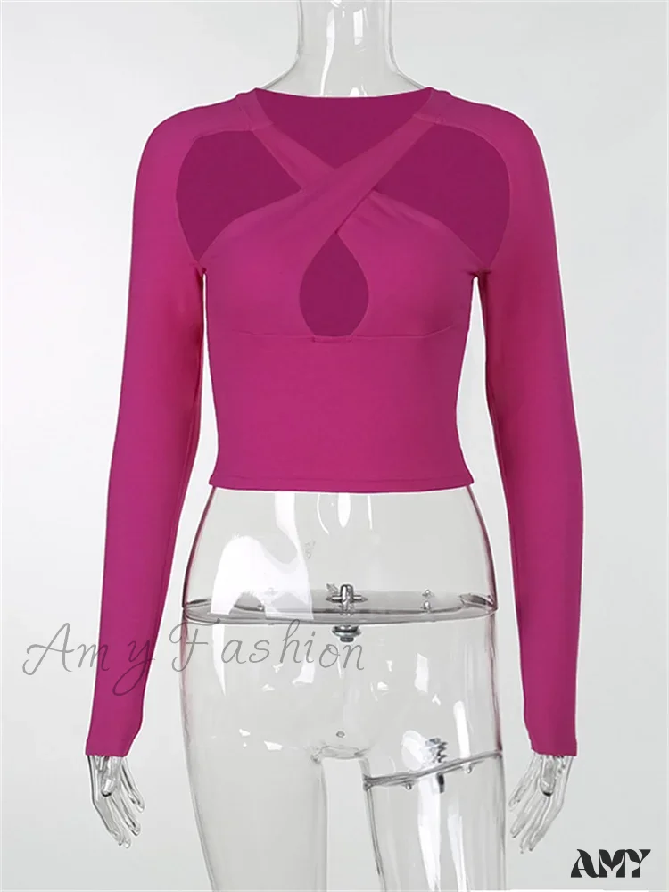 Amy Fashion - Long Sleeve Front Criss-Cross Solid Color Slim Fit T-shirts - Image 5