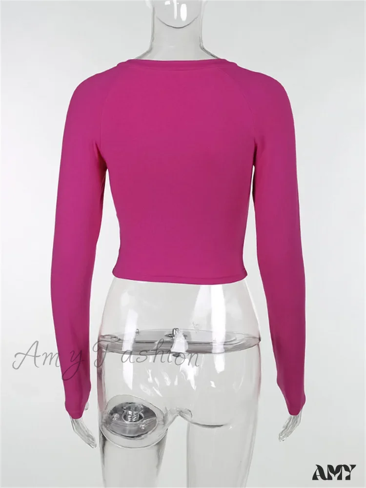 Amy Fashion - Long Sleeve Front Criss-Cross Solid Color Slim Fit T-shirts - Image 6
