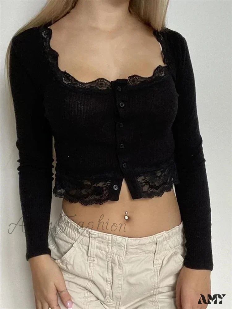 Amy Fashion - Long Sleeve O Neck Y2K Retro Lace Button Up T-Shirts - Image 4
