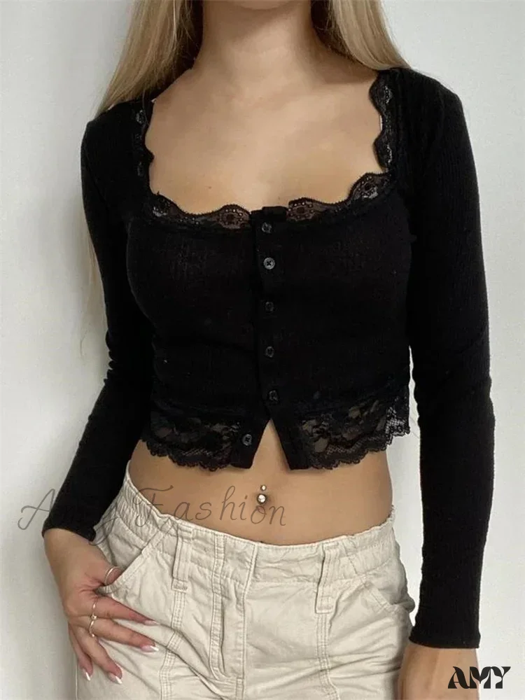 Amy Fashion - Long Sleeve O Neck Y2K Retro Lace Button Up T-Shirts - Image 7
