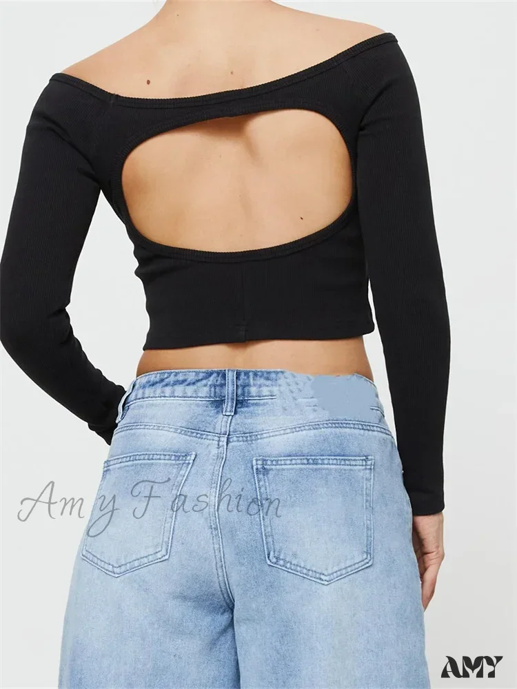 Amy Fashion - Long Sleeve Off-shoulder Solid Slim Fit Ribbed Hollow Out T-Shirts - Image 3