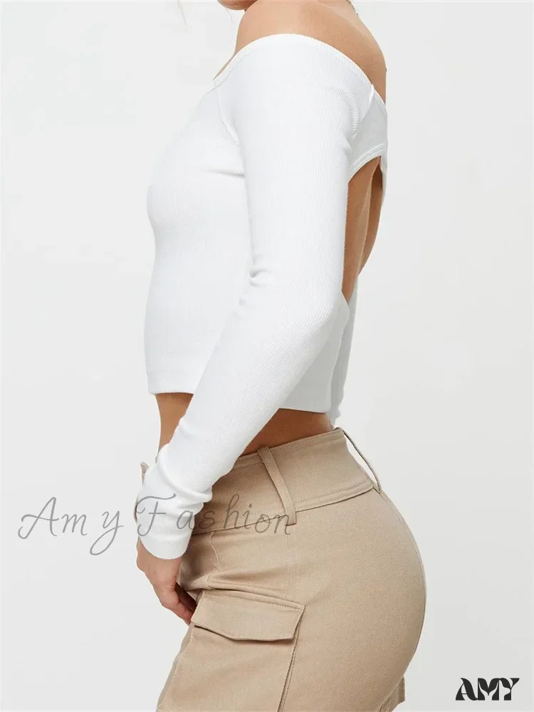 Amy Fashion - Long Sleeve Off-shoulder Solid Slim Fit Ribbed Hollow Out T-Shirts - Image 5