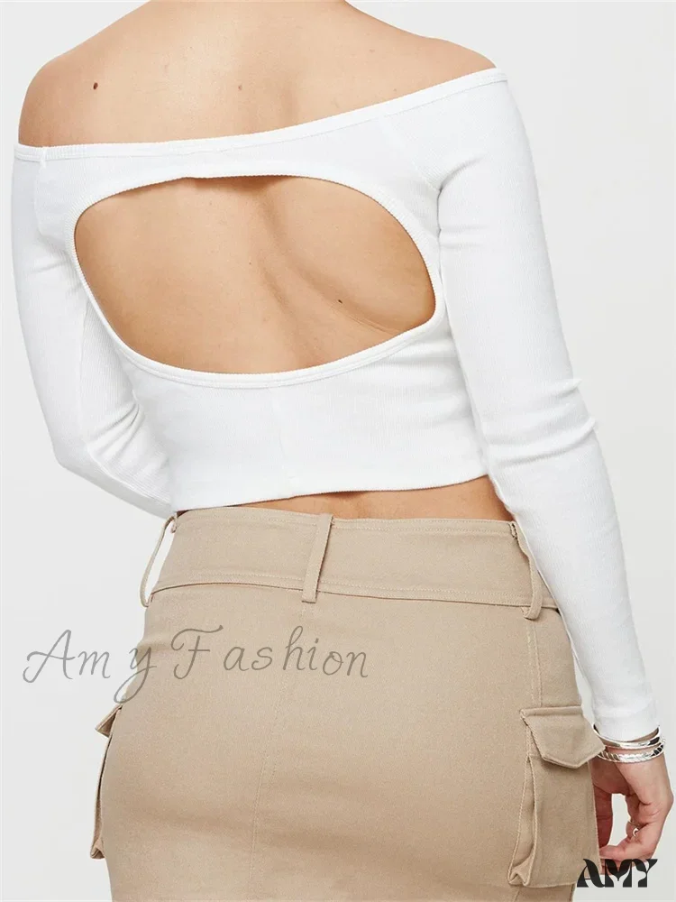 Amy Fashion - Long Sleeve Off-shoulder Solid Slim Fit Ribbed Hollow Out T-Shirts - Image 6
