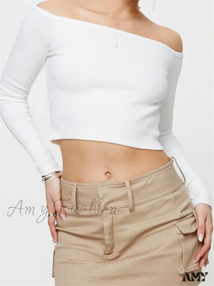 Amy Fashion - Long Sleeve Off-shoulder Solid Slim Fit Ribbed Hollow Out T-Shirts - Image 8