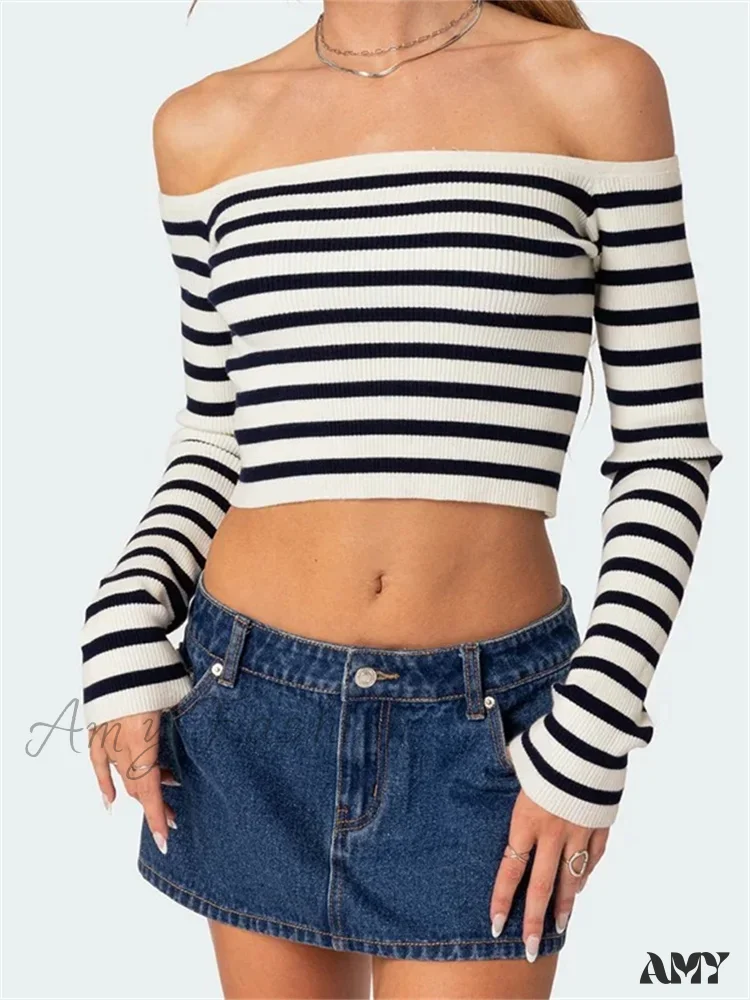 Amy Fashion - Long Sleeve Off-shoulder Striped Exposed Navel T-Shirts