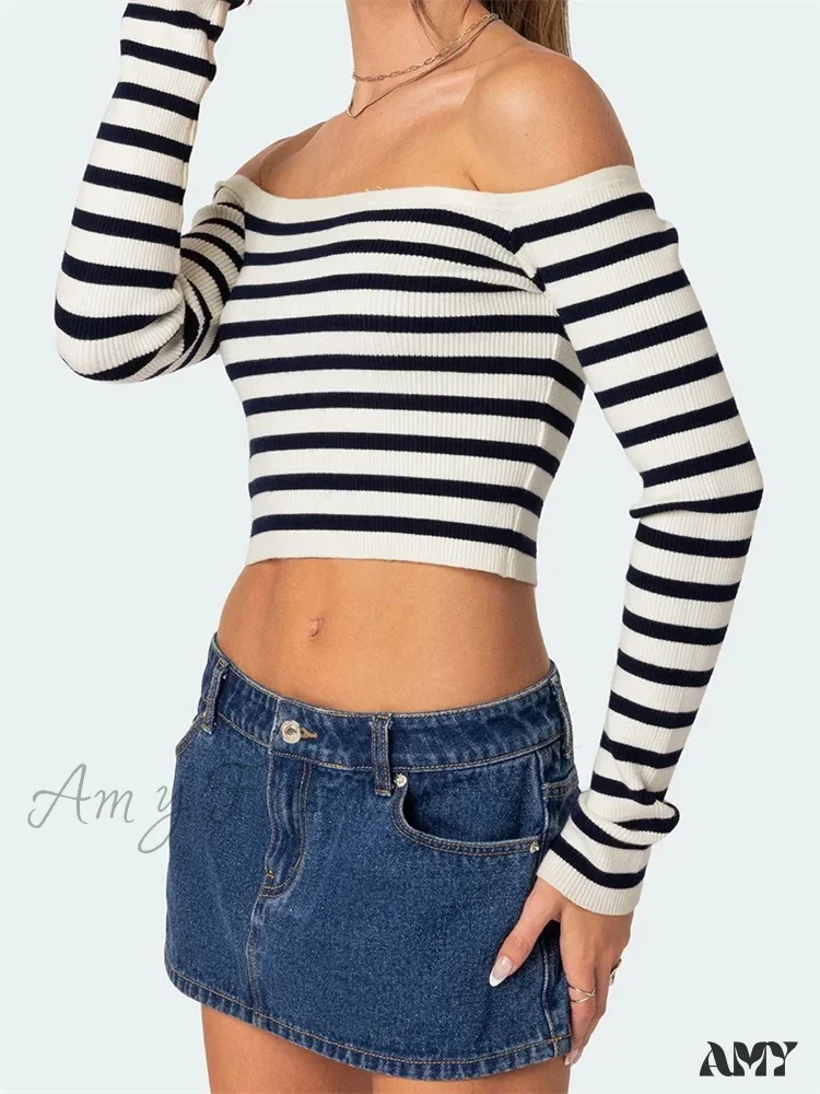 Amy Fashion - Long Sleeve Off-shoulder Striped Exposed Navel T-Shirts - Image 2